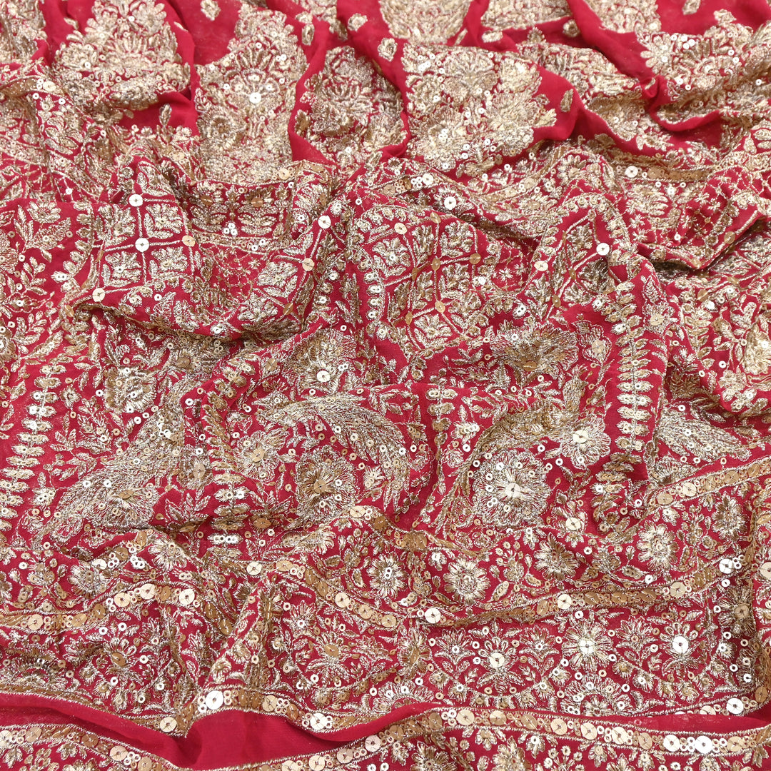 Royal Red Georgette Bridal Embroidery Fabric with Gold Thread & Sequins Work D28989