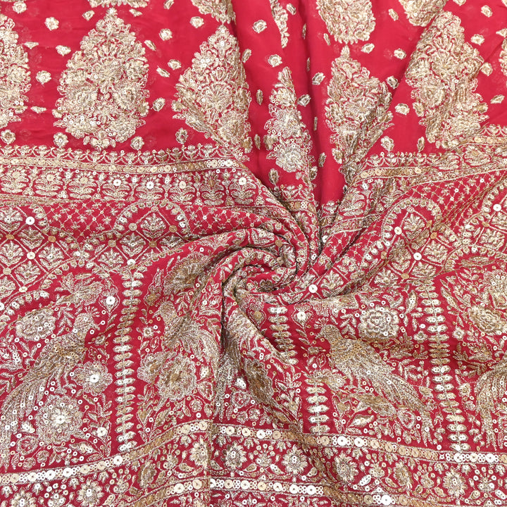 Royal Red Georgette Bridal Embroidery Fabric with Gold Thread & Sequins Work D28989