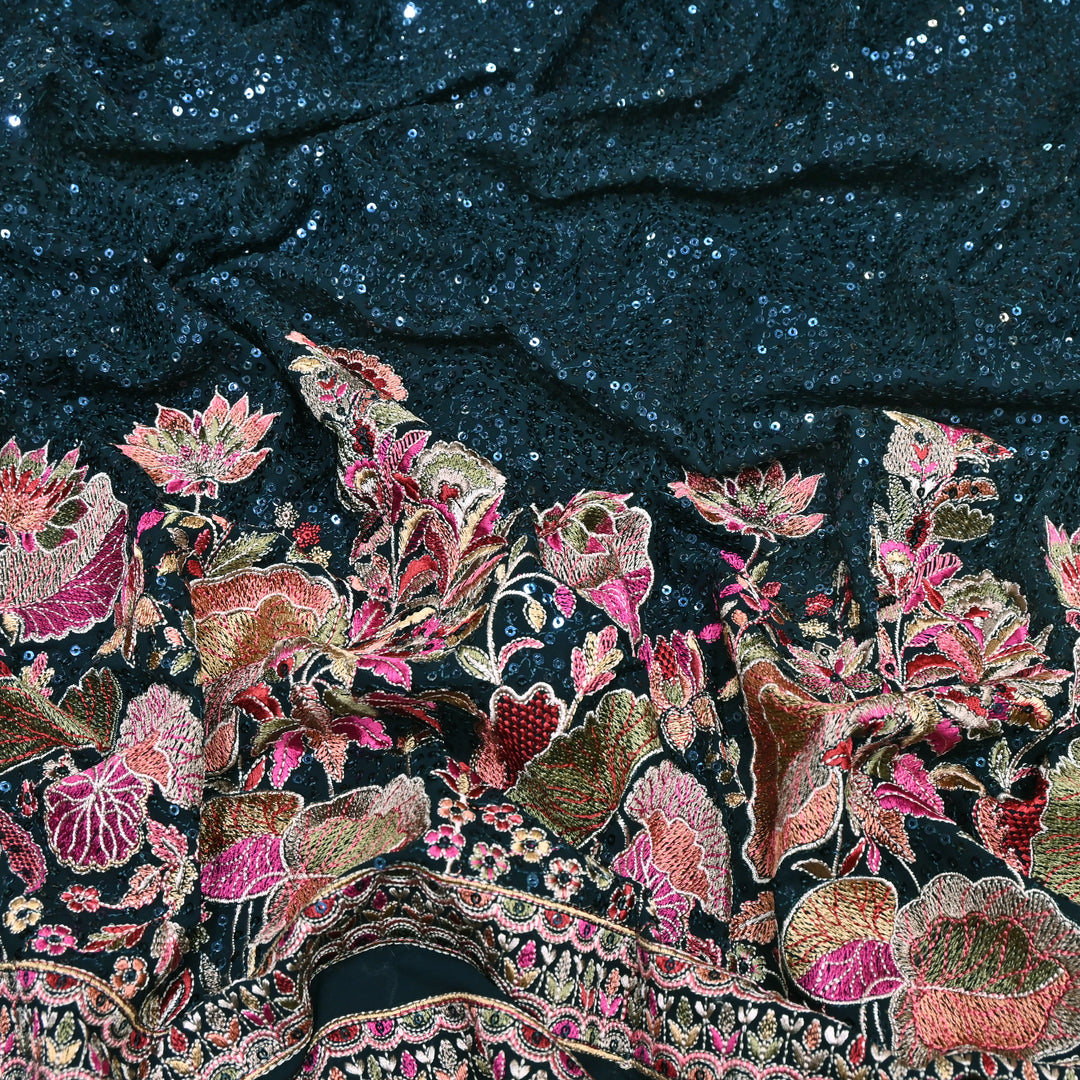 Teal Blue Color Georgette Multi Thread & Sequins Embroidery – Designer Embroidered Fabric - D28469-2