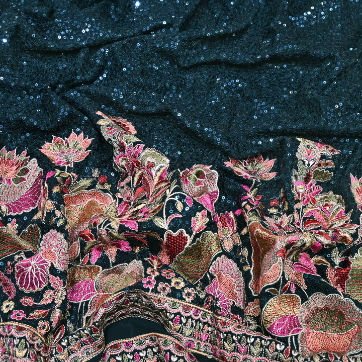 Teal Blue Color Georgette Multi Thread & Sequins Embroidery – Designer Embroidered Fabric - D28469-2