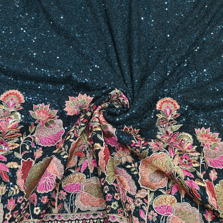 Teal Blue Color Georgette Multi Thread & Sequins Embroidery – Designer Embroidered Fabric - D28469-2