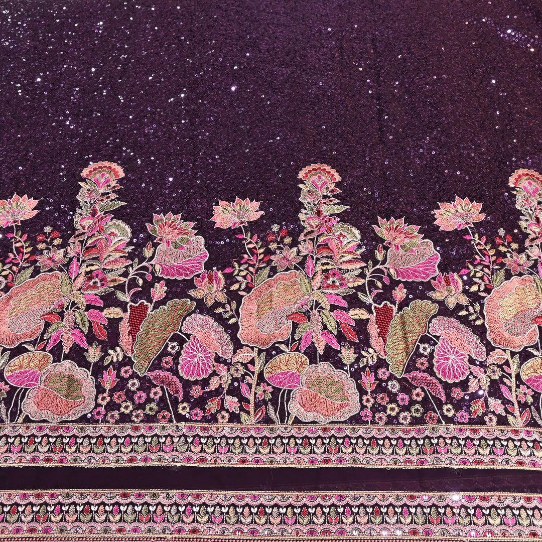 Wine Color Georgette Multi Thread & Sequins Embroidery – Designer Embroidered Fabric - D28469-1