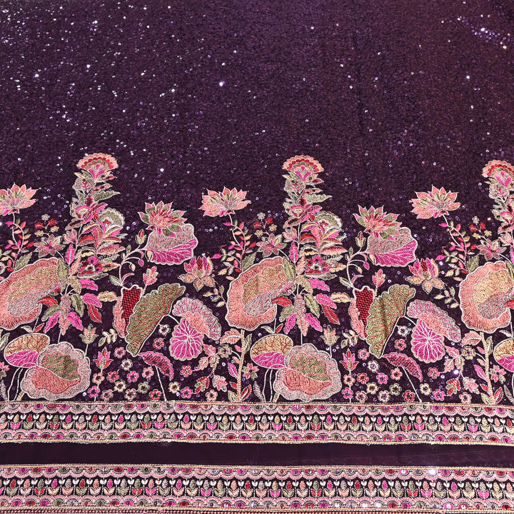 Wine Color Georgette Multi Thread & Sequins Embroidery – Designer Embroidered Fabric - D28469-1