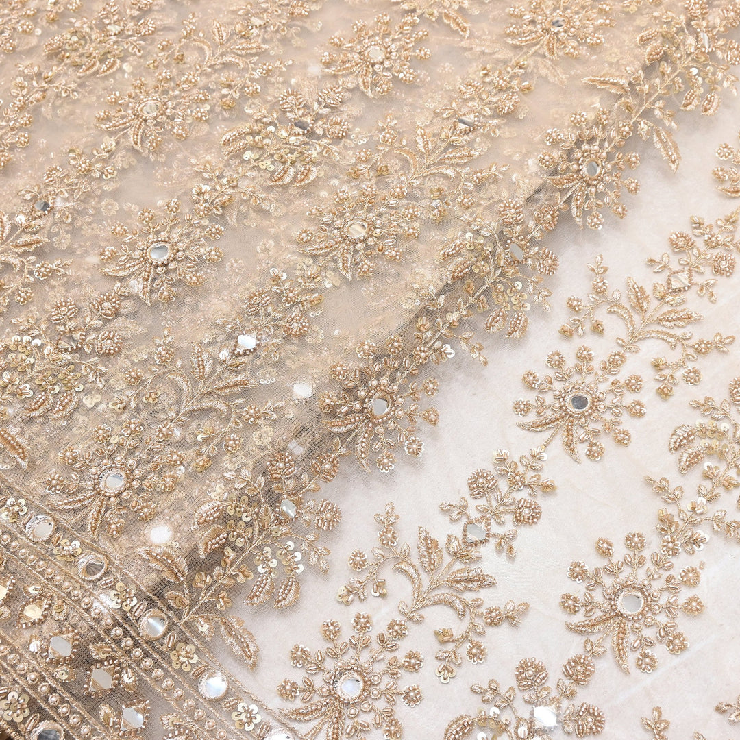 Premium Net Zari Moti Mirror & Sequins Embroidery Fabric | Designer Fabrics | V838C