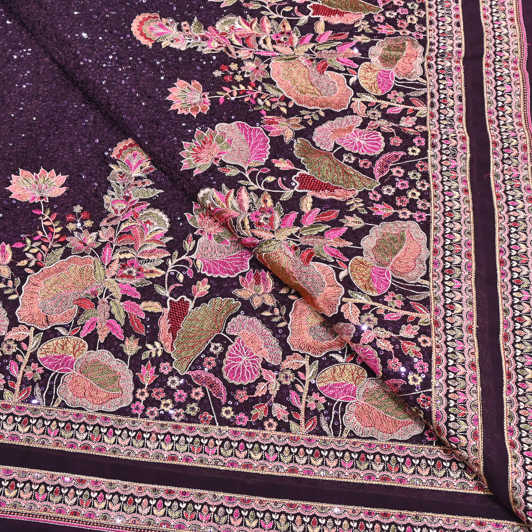 Wine Color Georgette Multi Thread & Sequins Embroidery – Designer Embroidered Fabric - D28469-1