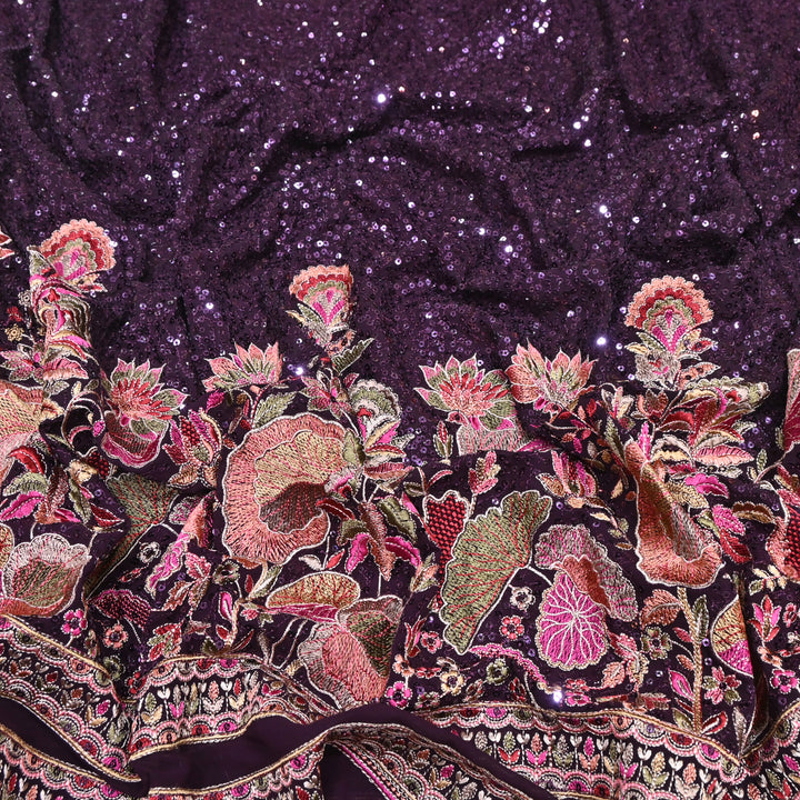 Wine Color Georgette Multi Thread & Sequins Embroidery – Designer Embroidered Fabric - D28469-1