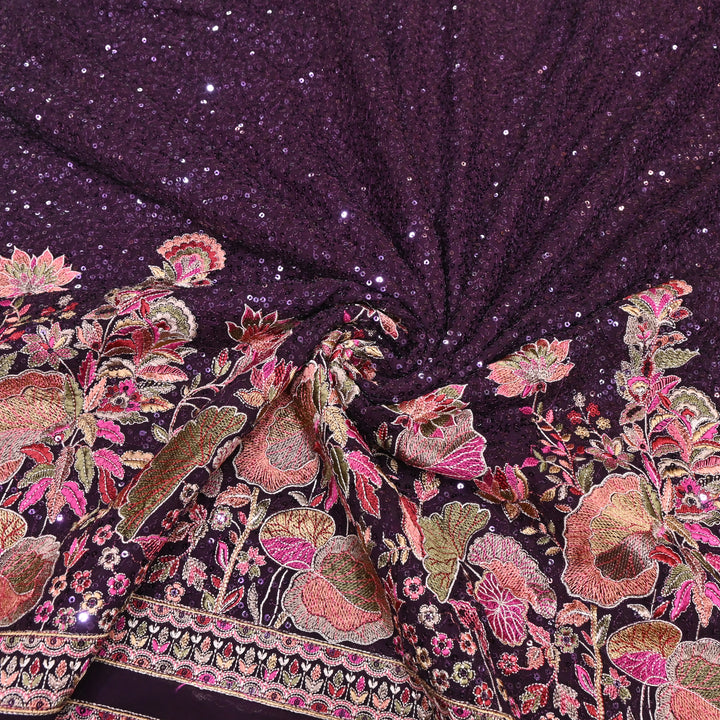 Wine Color Georgette Multi Thread & Sequins Embroidery – Designer Embroidered Fabric - D28469-1