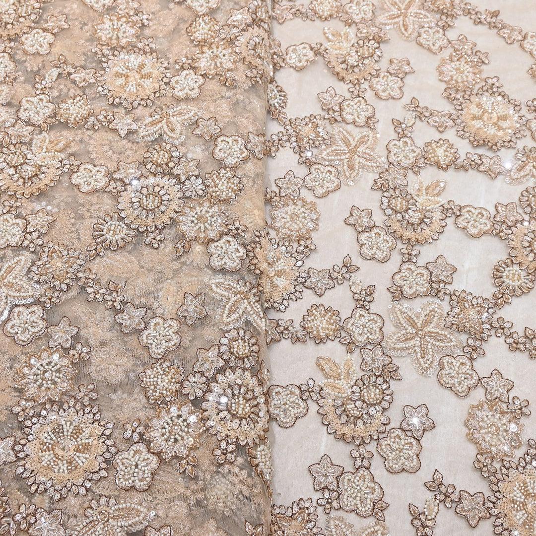 Premium Net Fabric with Zari, Moti & Sequins Embroidery | Designer Fabrics | V2602C