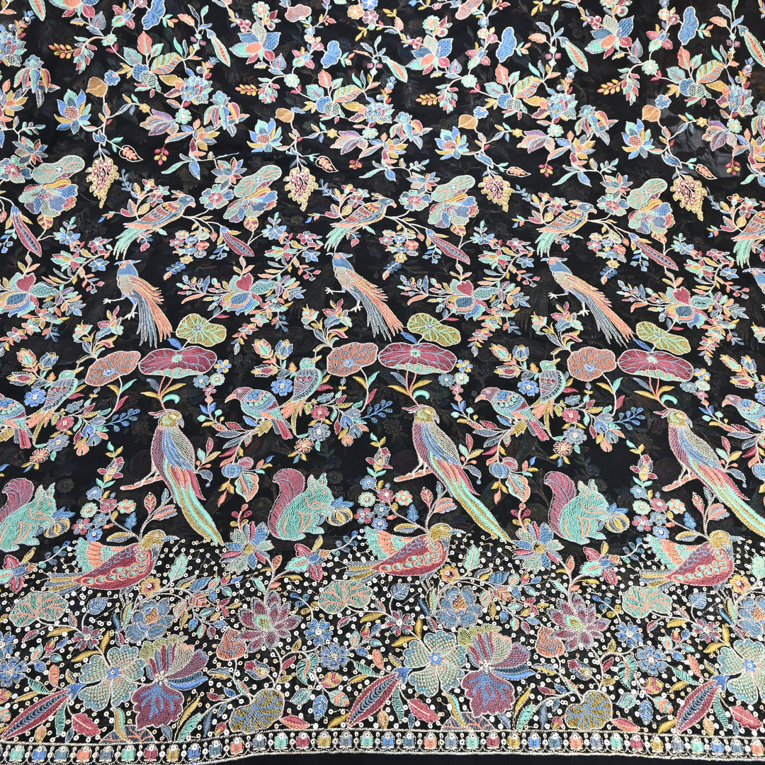 Black Georgette Colorful Bird & Floral Embroidery Fabrics 54" – Designer Embroidered Fabric D20774-3