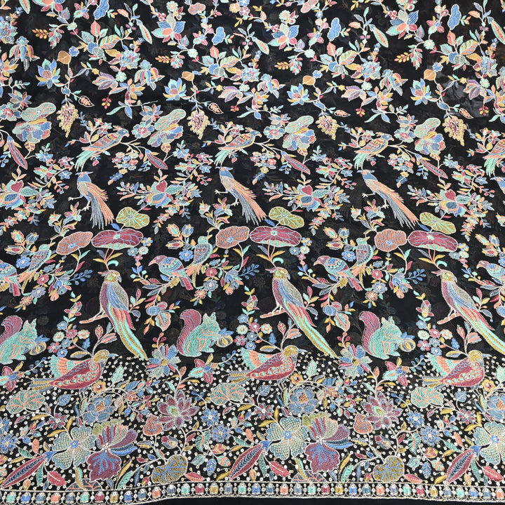 Black Georgette Colorful Bird & Floral Embroidery Fabrics 54" – Designer Embroidered Fabric D20774-3