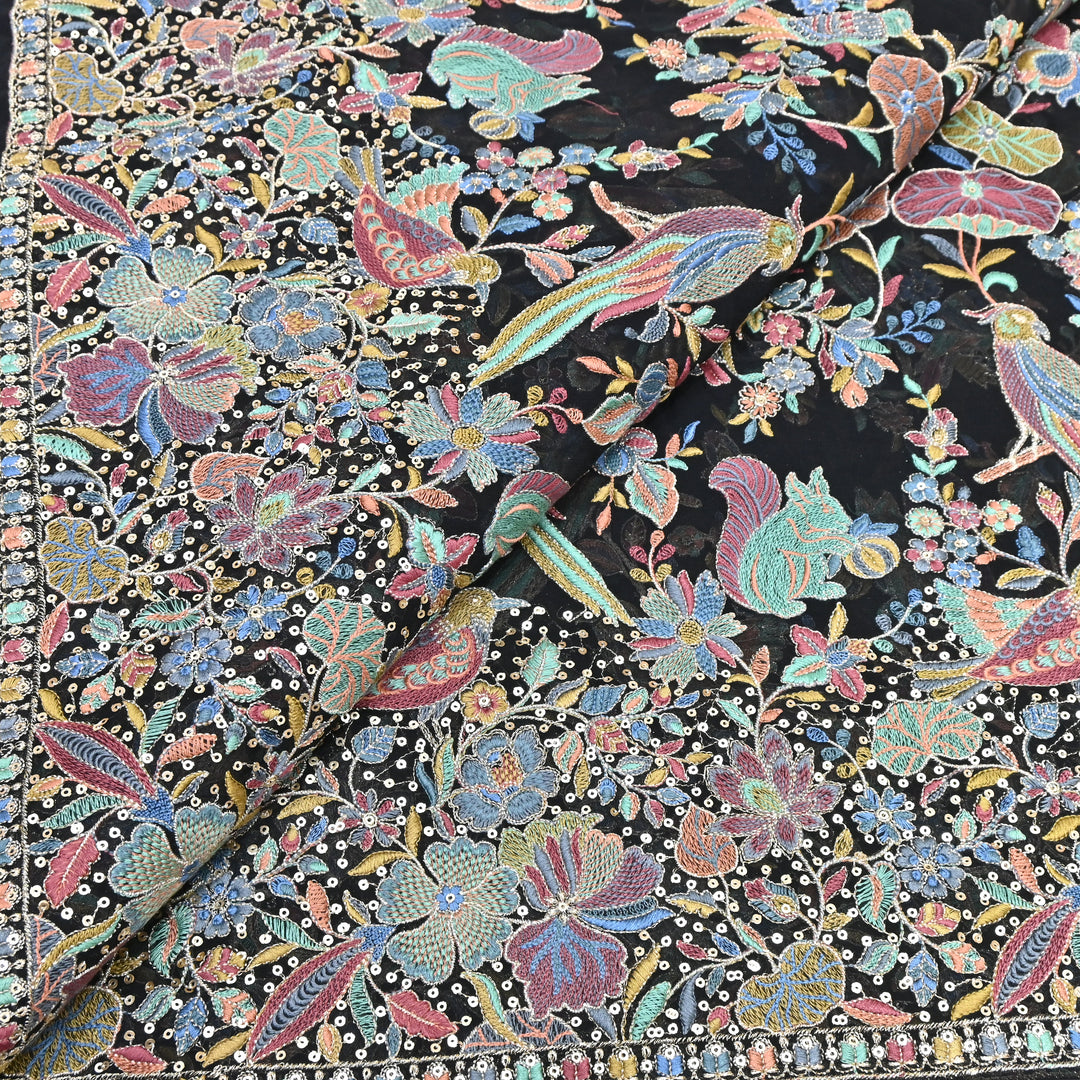 Black Georgette Colorful Bird & Floral Embroidery Fabrics 54" – Designer Embroidered Fabric D20774-3