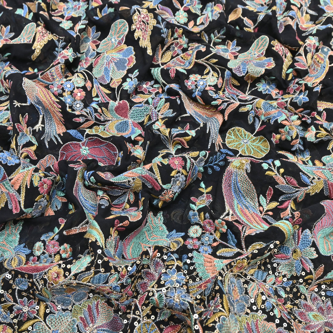 Black Georgette Colorful Bird & Floral Embroidery Fabrics 54" – Designer Embroidered Fabric D20774-3