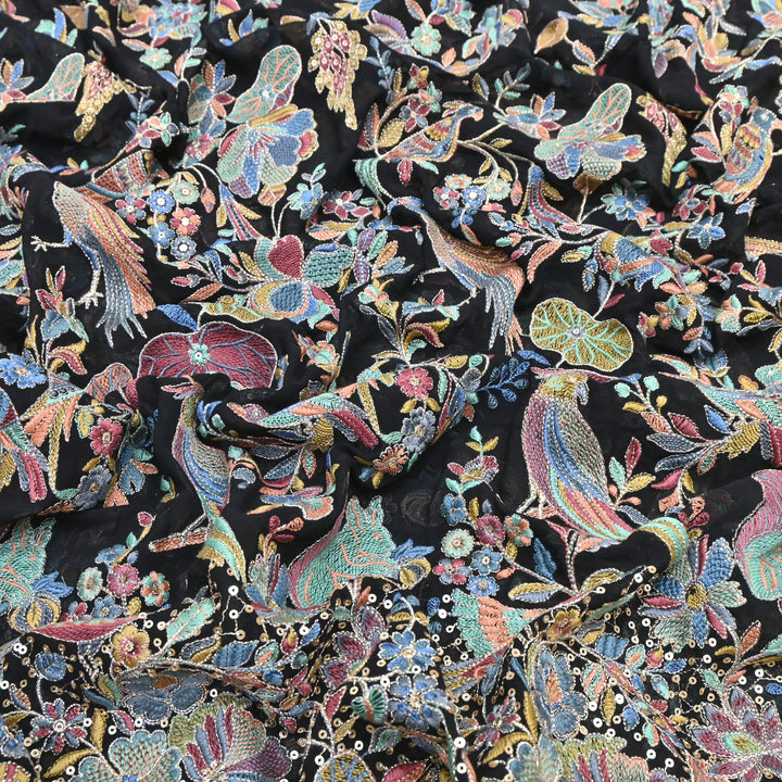 Black Georgette Colorful Bird & Floral Embroidery Fabrics 54" – Designer Embroidered Fabric D20774-3