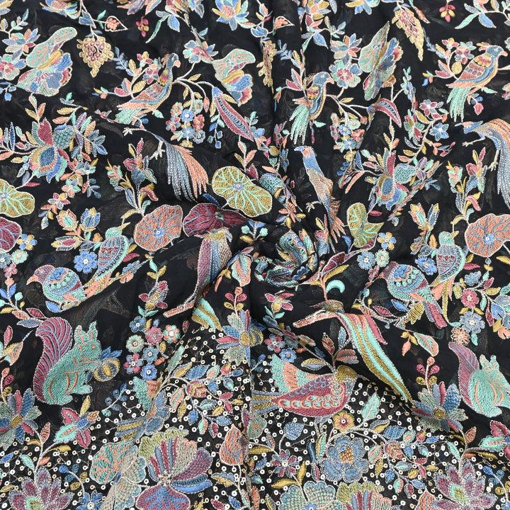 Black Georgette Colorful Bird & Floral Embroidery Fabrics 54" – Designer Embroidered Fabric D20774-3