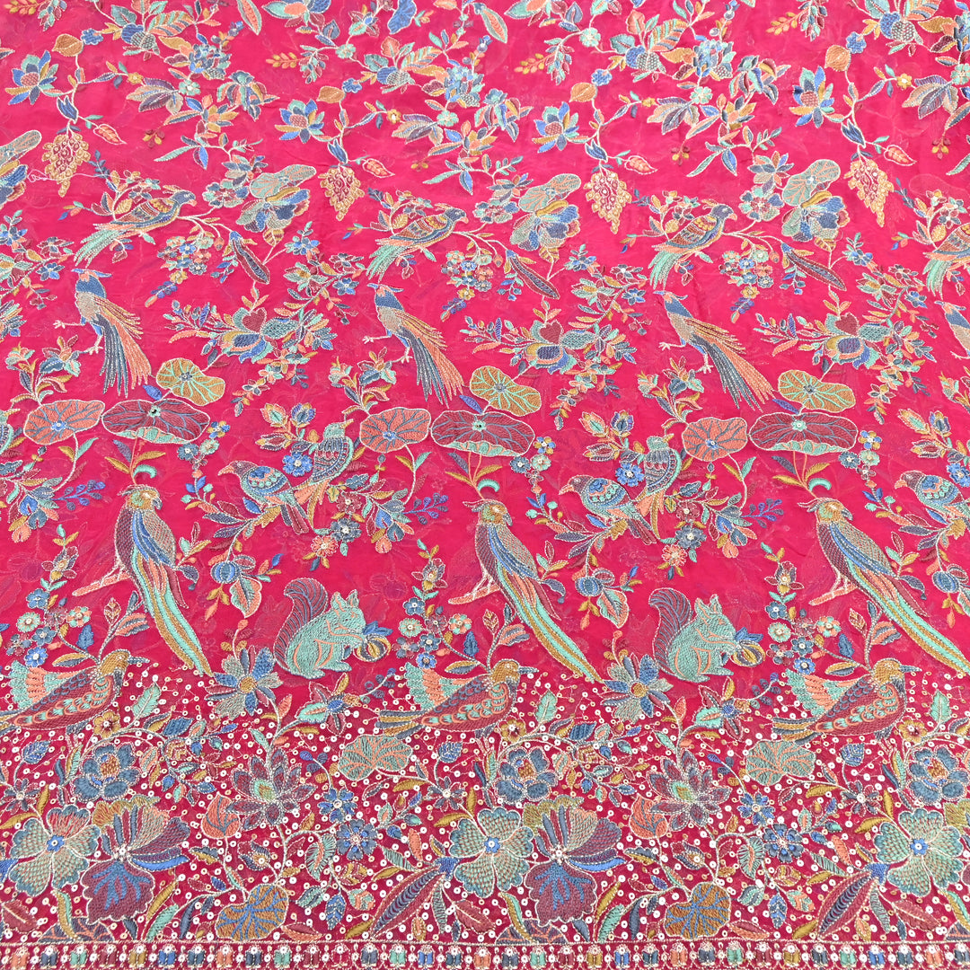 Pink Georgette Colorful Bird & Floral Embroidery Fabrics 54" – Designer Embroidered Fabric D20774-2