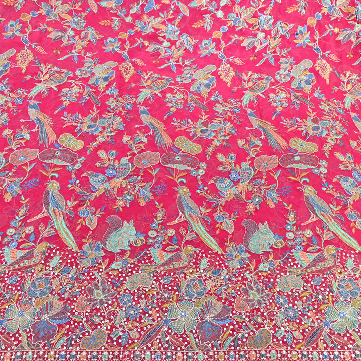 Pink Georgette Colorful Bird & Floral Embroidery Fabrics 54" – Designer Embroidered Fabric D20774-2