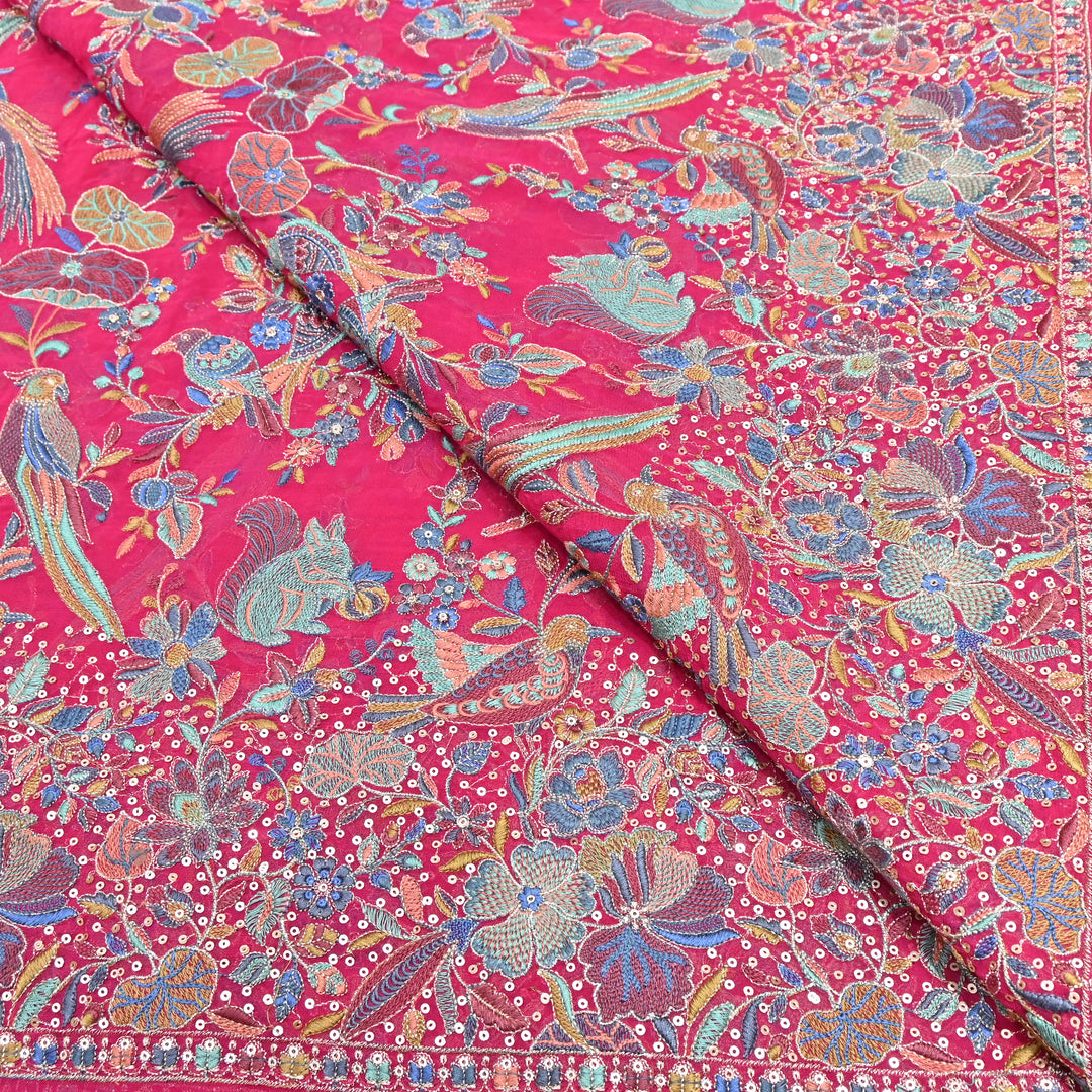 Pink Georgette Colorful Bird & Floral Embroidery Fabrics 54" – Designer Embroidered Fabric D20774-2
