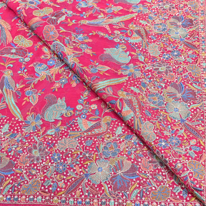 Pink Georgette Colorful Bird & Floral Embroidery Fabrics 54" – Designer Embroidered Fabric D20774-2