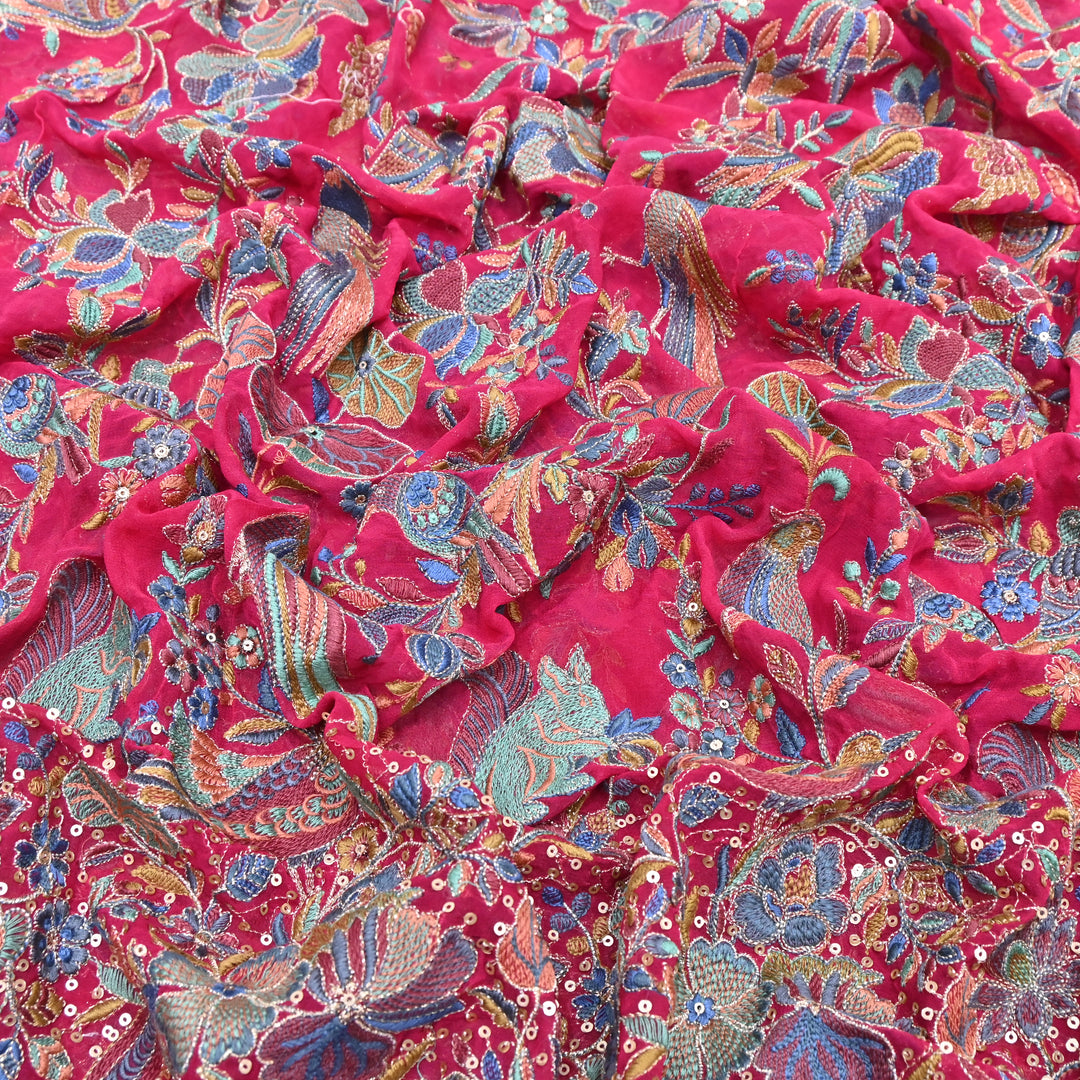 Pink Georgette Colorful Bird & Floral Embroidery Fabrics 54" – Designer Embroidered Fabric D20774-2
