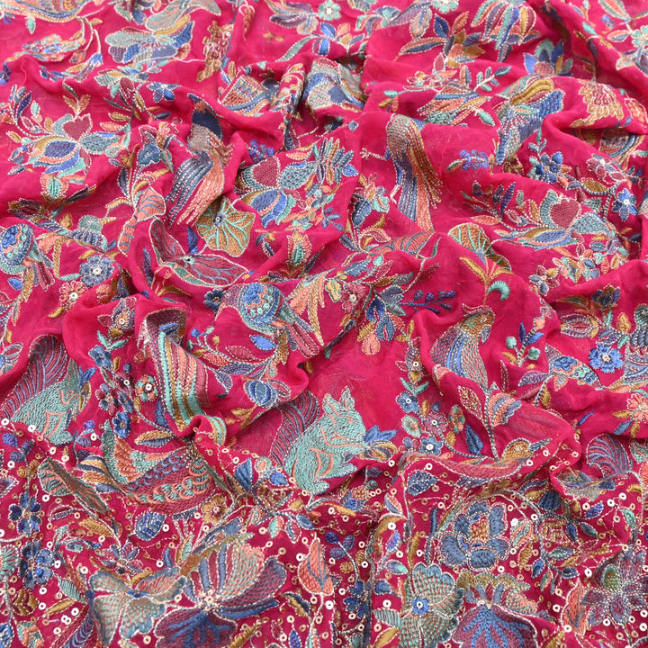 Pink Georgette Colorful Bird & Floral Embroidery Fabrics 54" – Designer Embroidered Fabric D20774-2