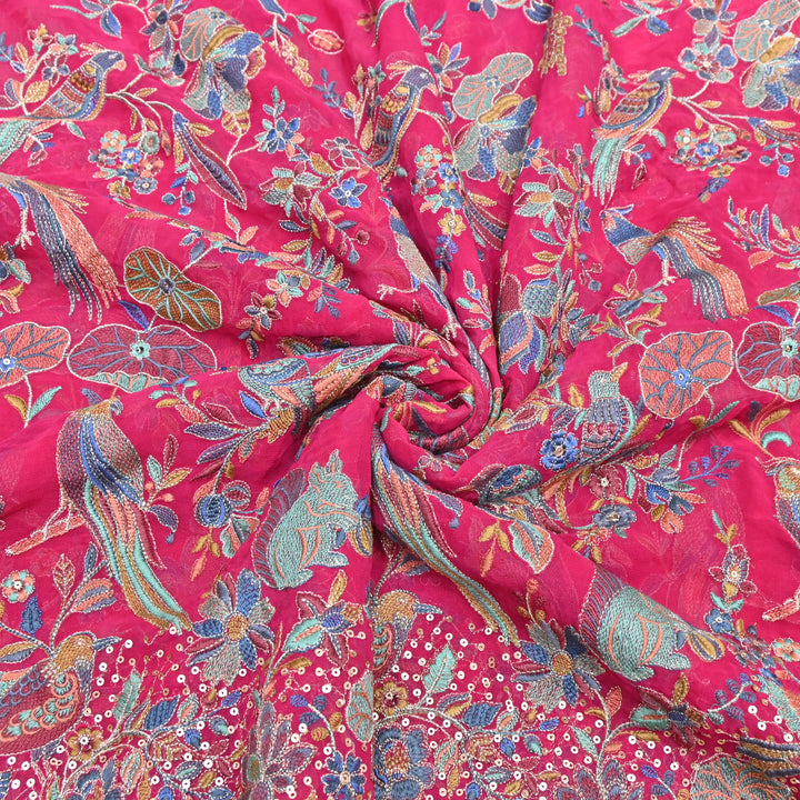 Pink Georgette Colorful Bird & Floral Embroidery Fabrics 54" – Designer Embroidered Fabric D20774-2