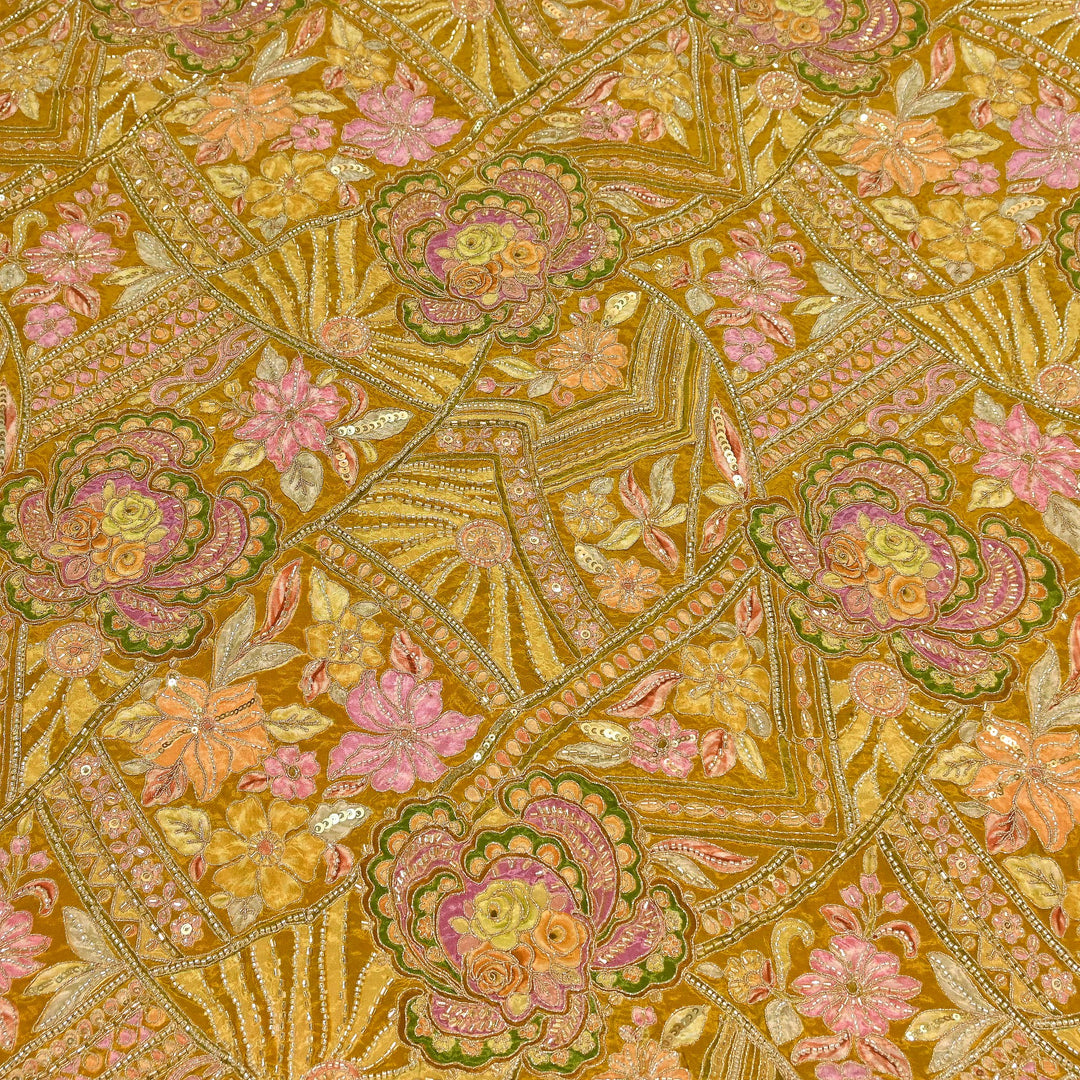 Premium Dyed Crepe Position Print Moti & Sequins Embroidery Fabric | Luxury Designer Ethnic Fabric| VI3547C-1