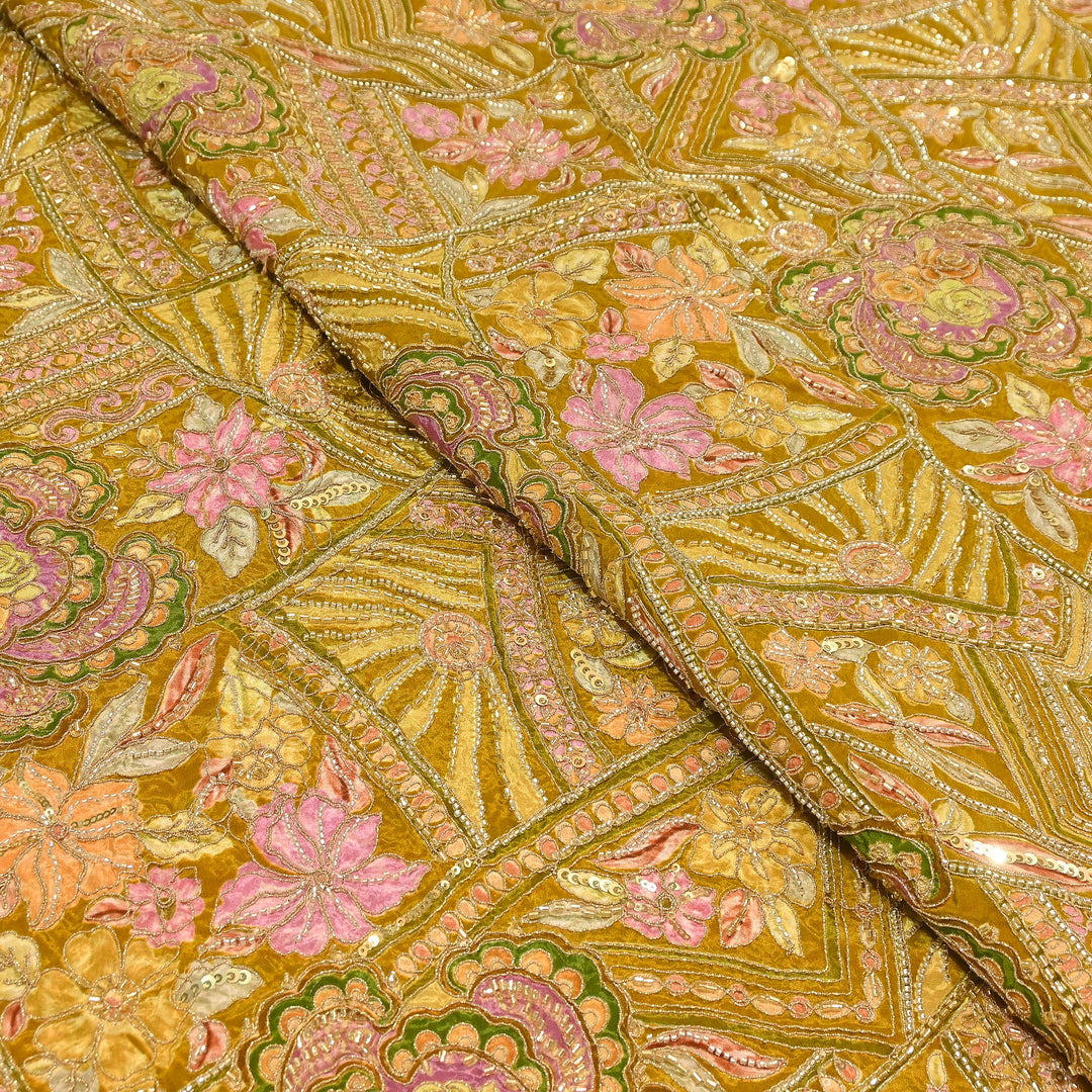 Premium Dyed Crepe Position Print Moti & Sequins Embroidery Fabric | Luxury Designer Ethnic Fabric| VI3547C-1