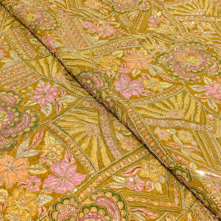 Premium Dyed Crepe Position Print Moti & Sequins Embroidery Fabric | Luxury Designer Ethnic Fabric| VI3547C-1