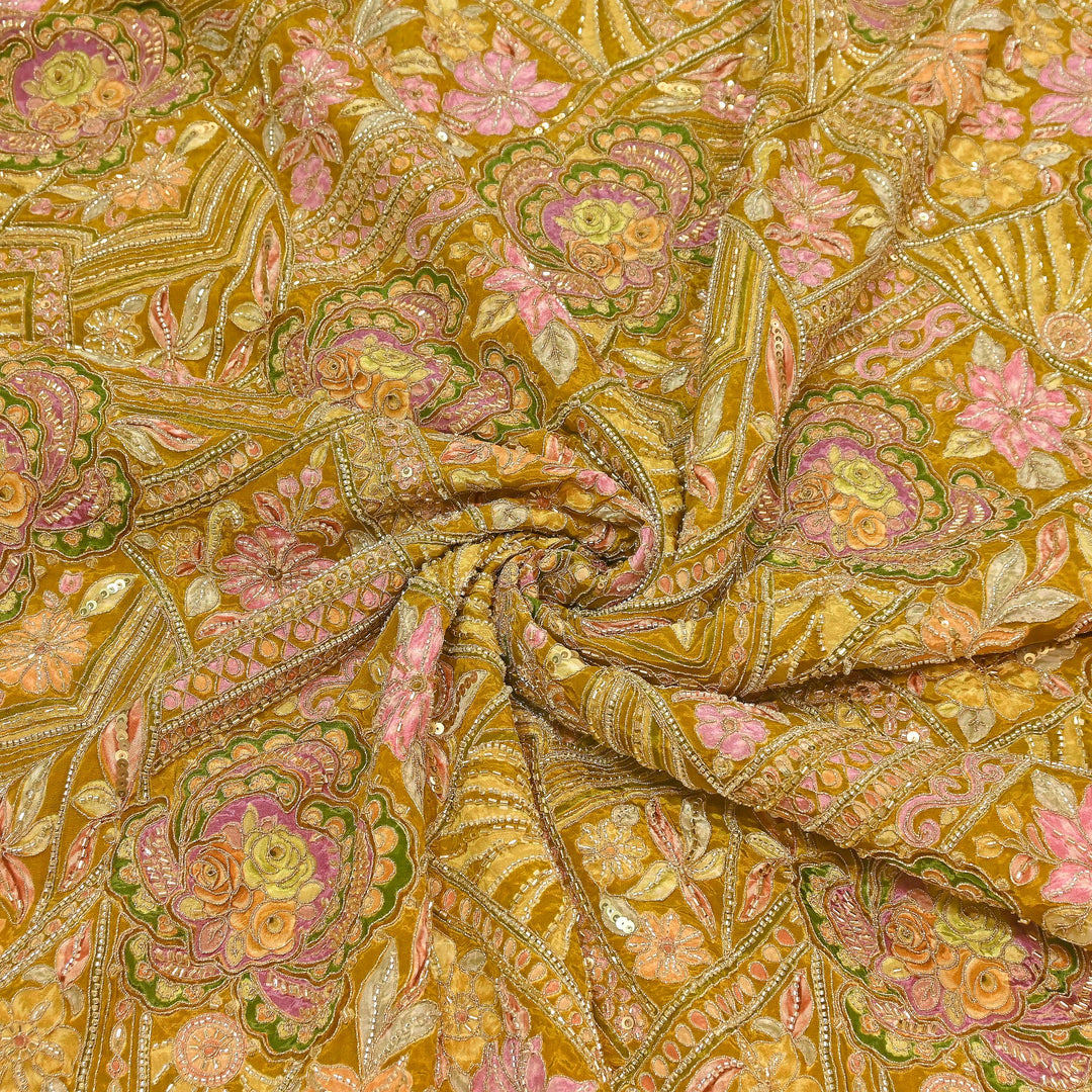 Premium Dyed Crepe Position Print Moti & Sequins Embroidery Fabric | Luxury Designer Ethnic Fabric| VI3547C-1