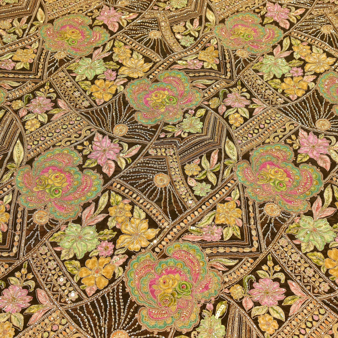Premium Dyed Crepe Position Print Moti & Sequins Embroidery Fabric | Luxury Designer Ethnic Fabric| VI3547C-2