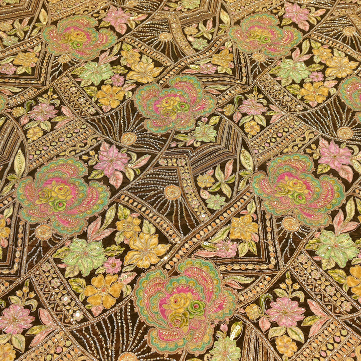 Premium Dyed Crepe Position Print Moti & Sequins Embroidery Fabric | Luxury Designer Ethnic Fabric| VI3547C-2