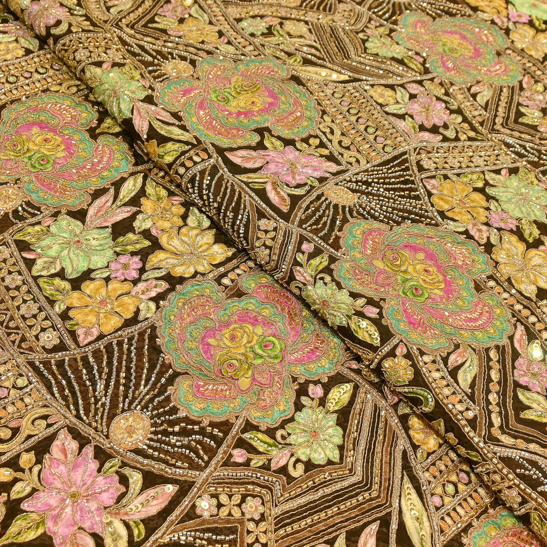 Premium Dyed Crepe Position Print Moti & Sequins Embroidery Fabric | Luxury Designer Ethnic Fabric| VI3547C-2