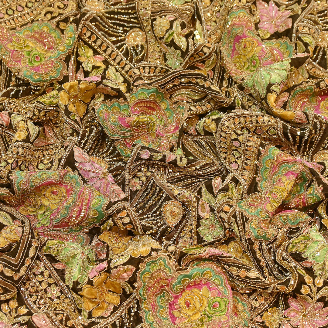 Premium Dyed Crepe Position Print Moti & Sequins Embroidery Fabric | Luxury Designer Ethnic Fabric| VI3547C-2