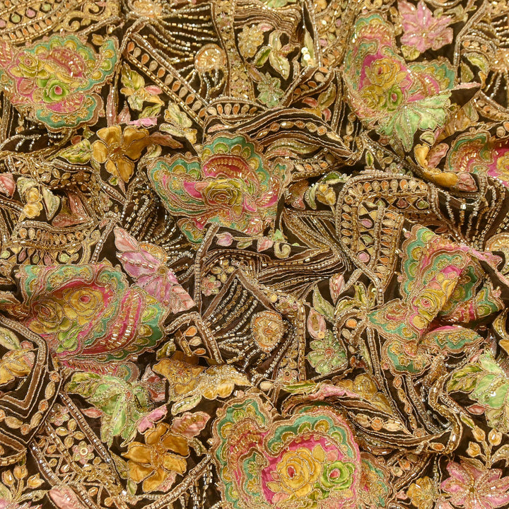 Premium Dyed Crepe Position Print Moti & Sequins Embroidery Fabric | Luxury Designer Ethnic Fabric| VI3547C-2