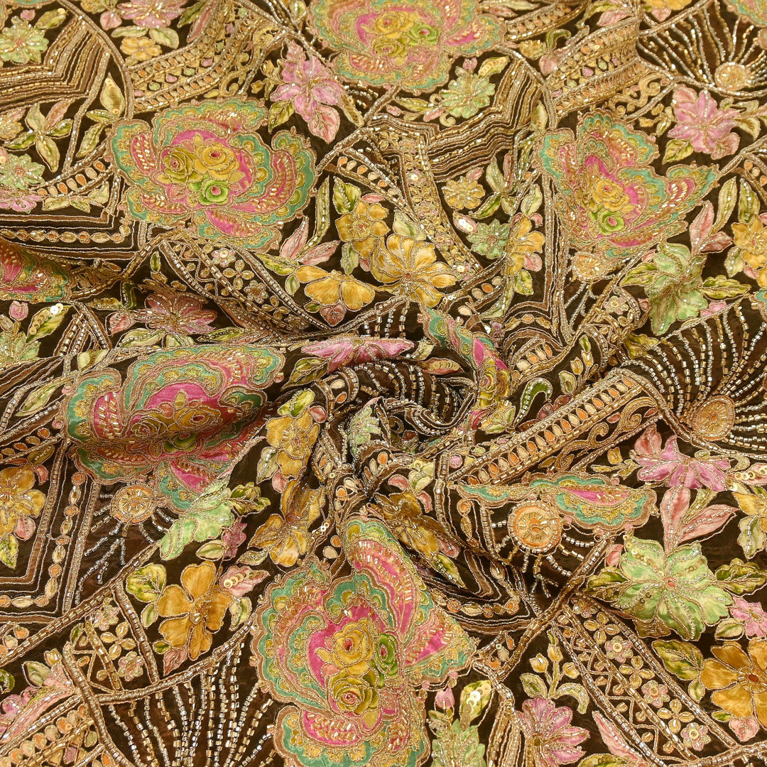 Premium Dyed Crepe Position Print Moti & Sequins Embroidery Fabric | Luxury Designer Ethnic Fabric| VI3547C-2
