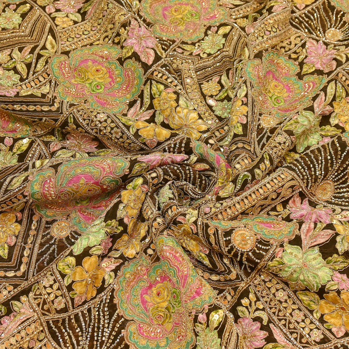 Premium Dyed Crepe Position Print Moti & Sequins Embroidery Fabric | Luxury Designer Ethnic Fabric| VI3547C-2