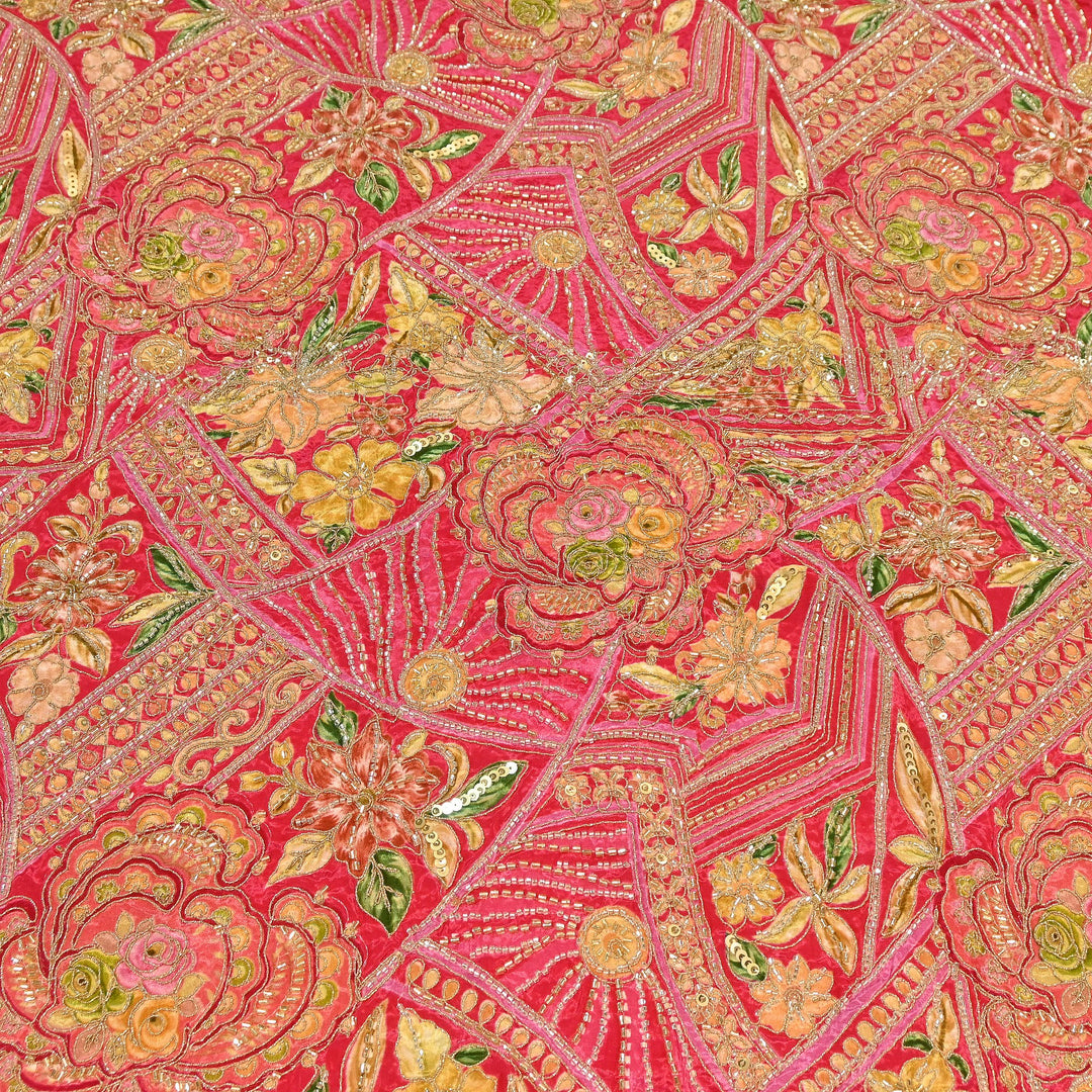 Premium Dyed Crepe Position Print Moti & Sequins Embroidery Fabric | Luxury Designer Ethnic Fabric| VI3547C-3