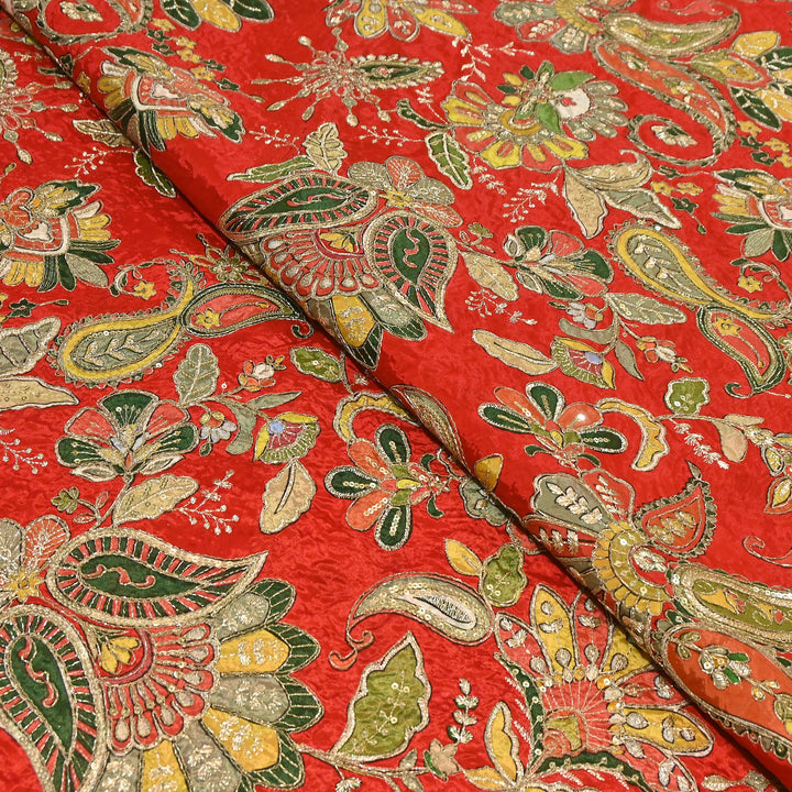Premium Crepe Position Print Zari & Sequins Embroidery Designer Fabric | DN9465-1