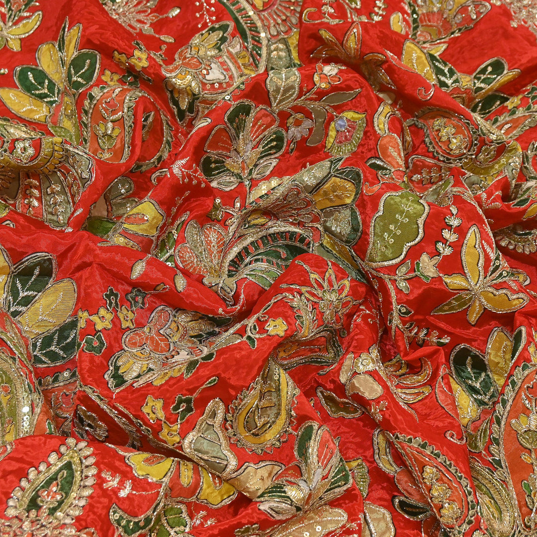 Premium Crepe Position Print Zari & Sequins Embroidery Designer Fabric | DN9465-1