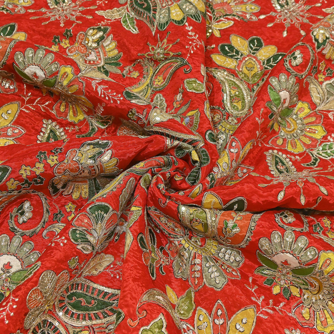 Premium Crepe Position Print Zari & Sequins Embroidery Designer Fabric | DN9465-1
