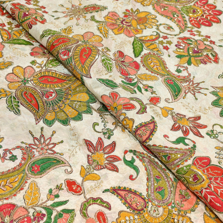 Premium Crepe Position Print Zari & Sequins Embroidery Designer Fabric | DN9465-2