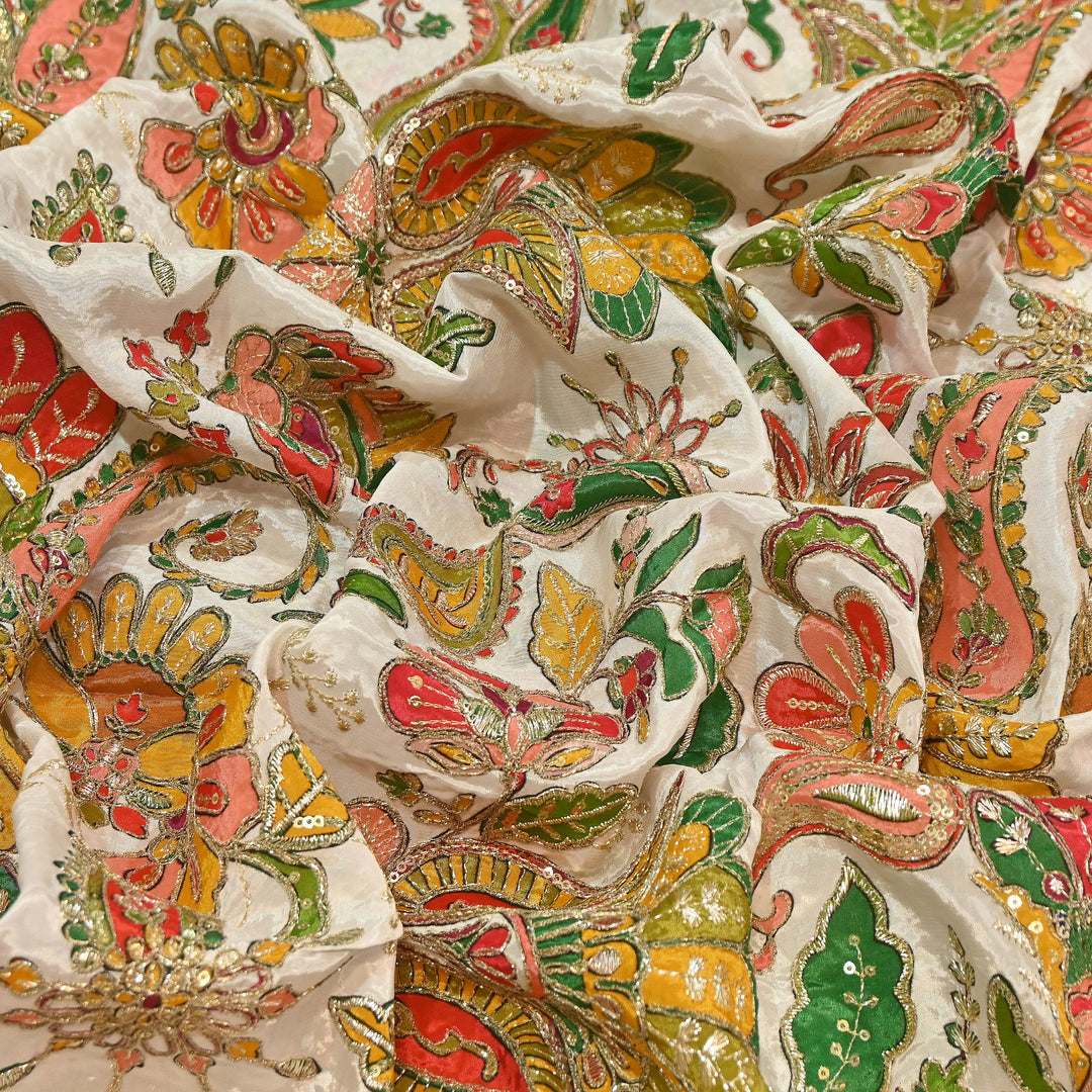 Premium Crepe Position Print Zari & Sequins Embroidery Designer Fabric | DN9465-2