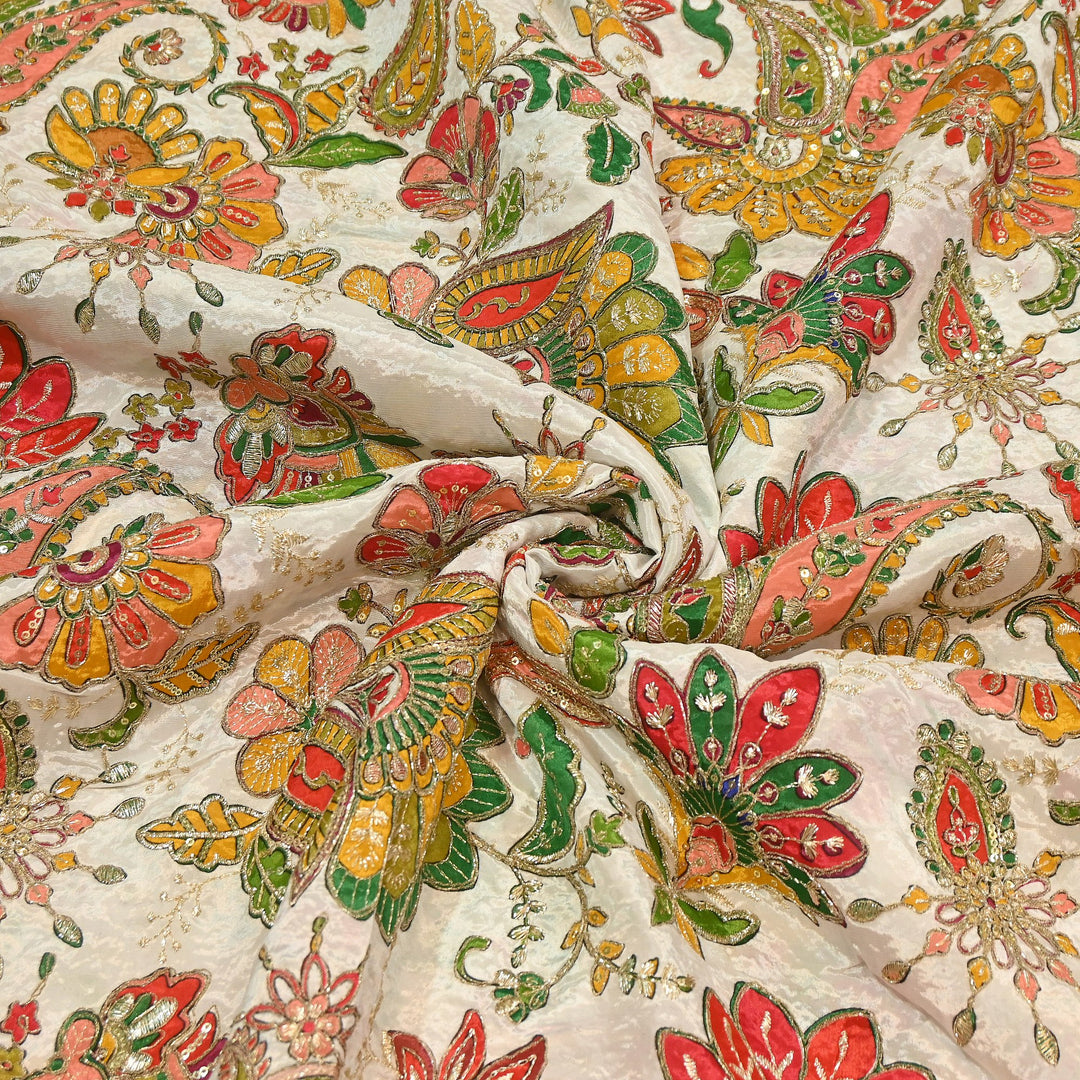 Premium Crepe Position Print Zari & Sequins Embroidery Designer Fabric | DN9465-2