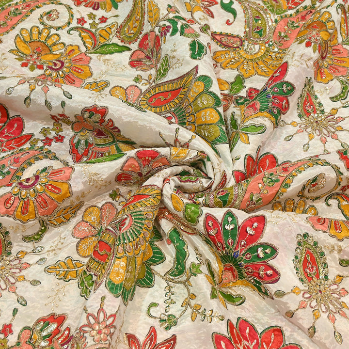 Premium Crepe Position Print Zari & Sequins Embroidery Designer Fabric | DN9465-2