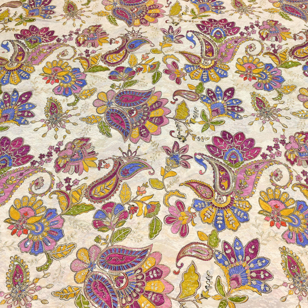 Premium Crepe Position Print Zari & Sequins Embroidery Designer Fabric | DN9465-3