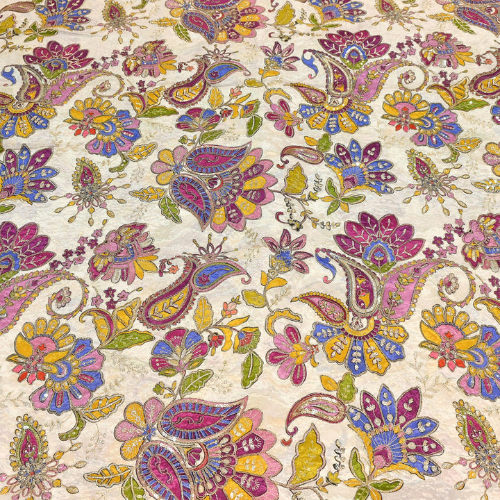 Premium Crepe Position Print Zari & Sequins Embroidery Designer Fabric | DN9465-3