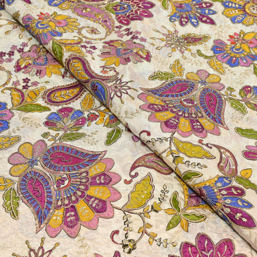 Premium Crepe Position Print Zari & Sequins Embroidery Designer Fabric | DN9465-3