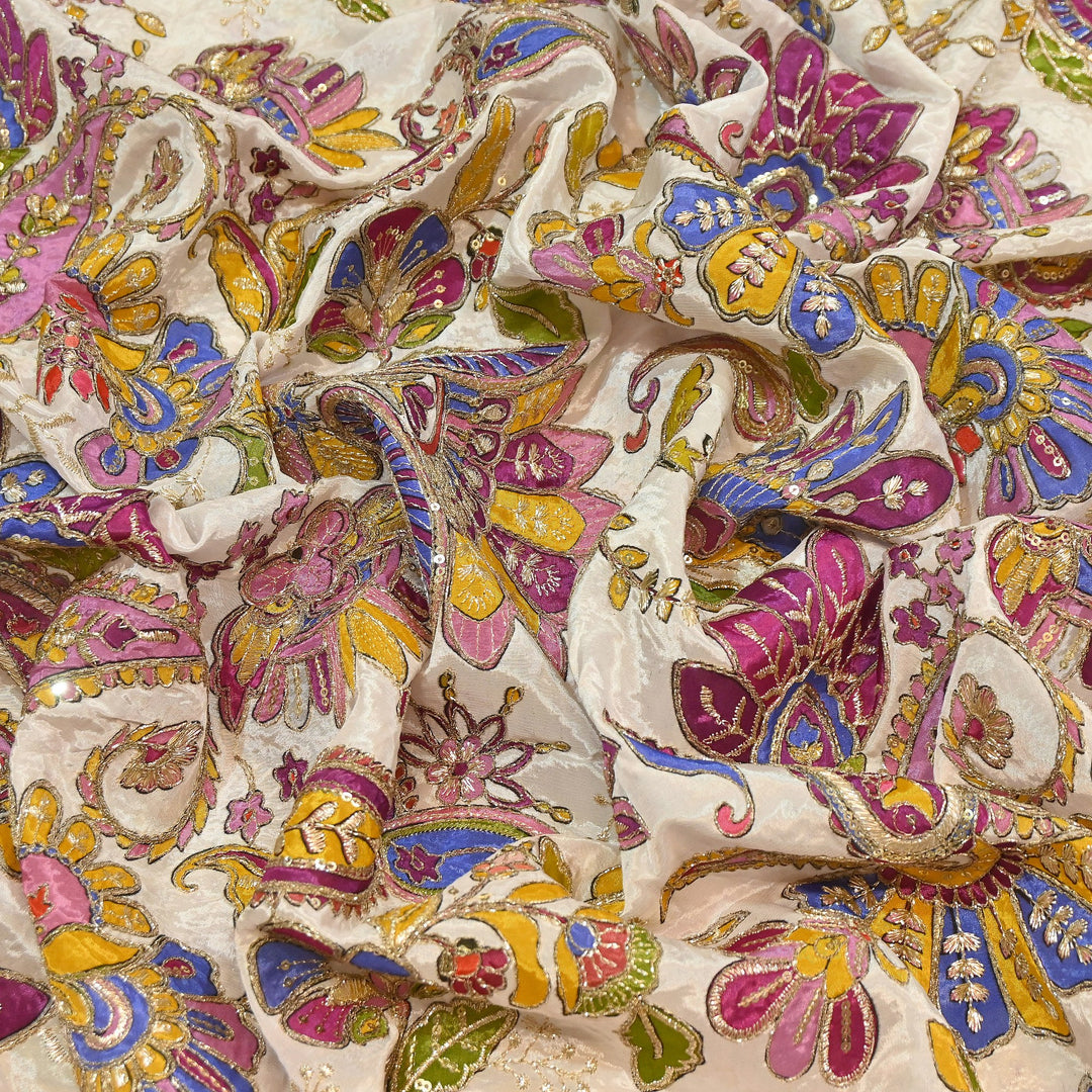 Premium Crepe Position Print Zari & Sequins Embroidery Designer Fabric | DN9465-3