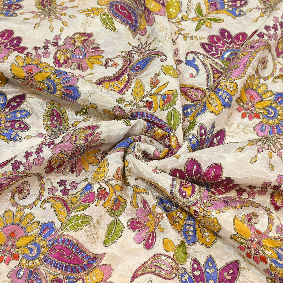 Premium Crepe Position Print Zari & Sequins Embroidery Designer Fabric | DN9465-3