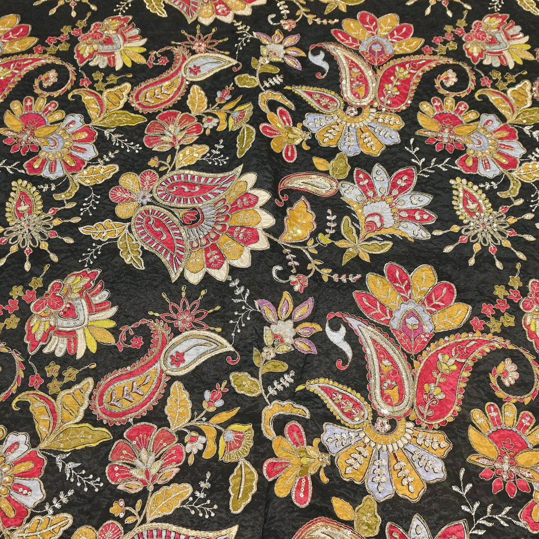 Premium Crepe Position Print Zari & Sequins Embroidery Designer Fabric | DN9465-4
